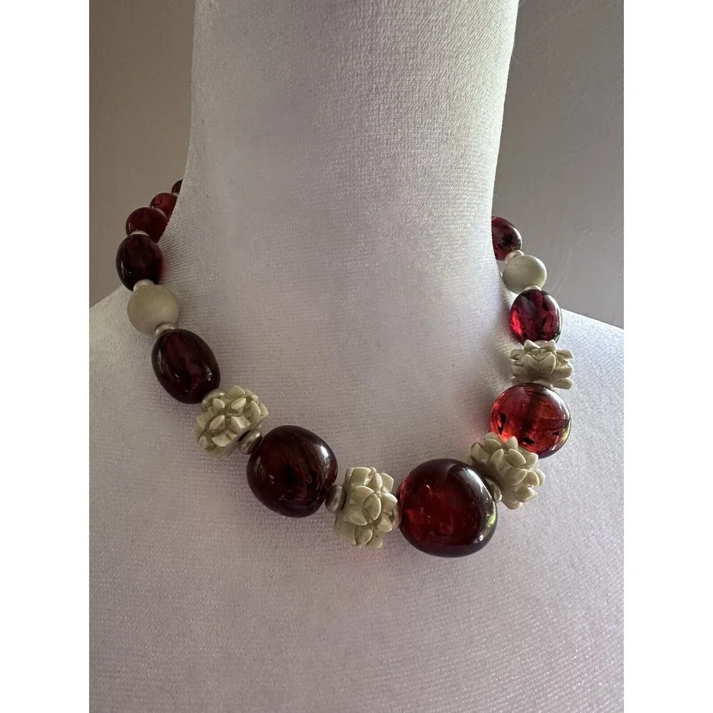 Vintage 1930s Louis Rousselet Art Deco Amber Glass Bead Carved Galalith Necklace